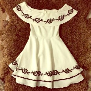 White off the shoulder embroidered layered dress